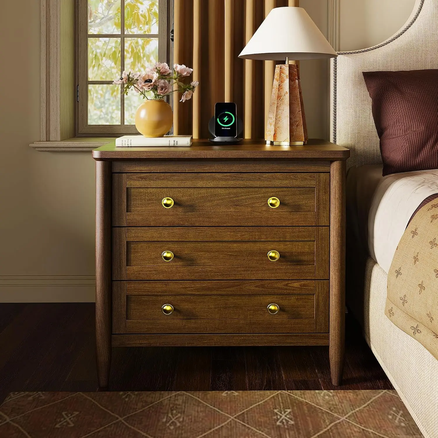 Huuger 27''H Tall Nightstands with Hidden Charging Station, 27.6" W Farmhouse Night Stand with USB-C Port, Bed Side Tables, Solid Wood Feet, Larger End Table for Bedroom, Couch Side