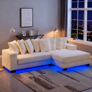 [4Packs Shipped]Niccae 110" LED Lighted L-Shaped Convertible Sleeper Sectional Sofa, Modern Upholstered Corduroy Modular Couch, Adjustable Footrests, 8 Throw Pillows, Easy-Assembly Foam Furniture for Living Room Decor, Apartment Use