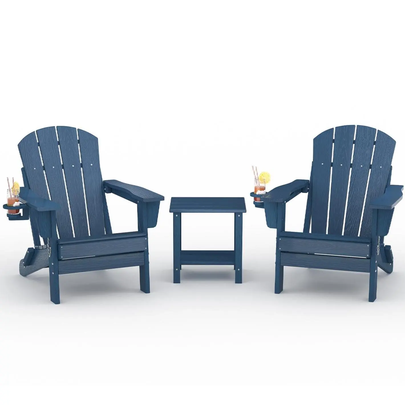 [GAOMON] Folding Adirondack Chair Set of 2 with Side Table, All-Weather HDPE Plastic Chair with Wood Grain, Cup Holders, Wide Arms, 30x29x35.5" for Patios, Decks