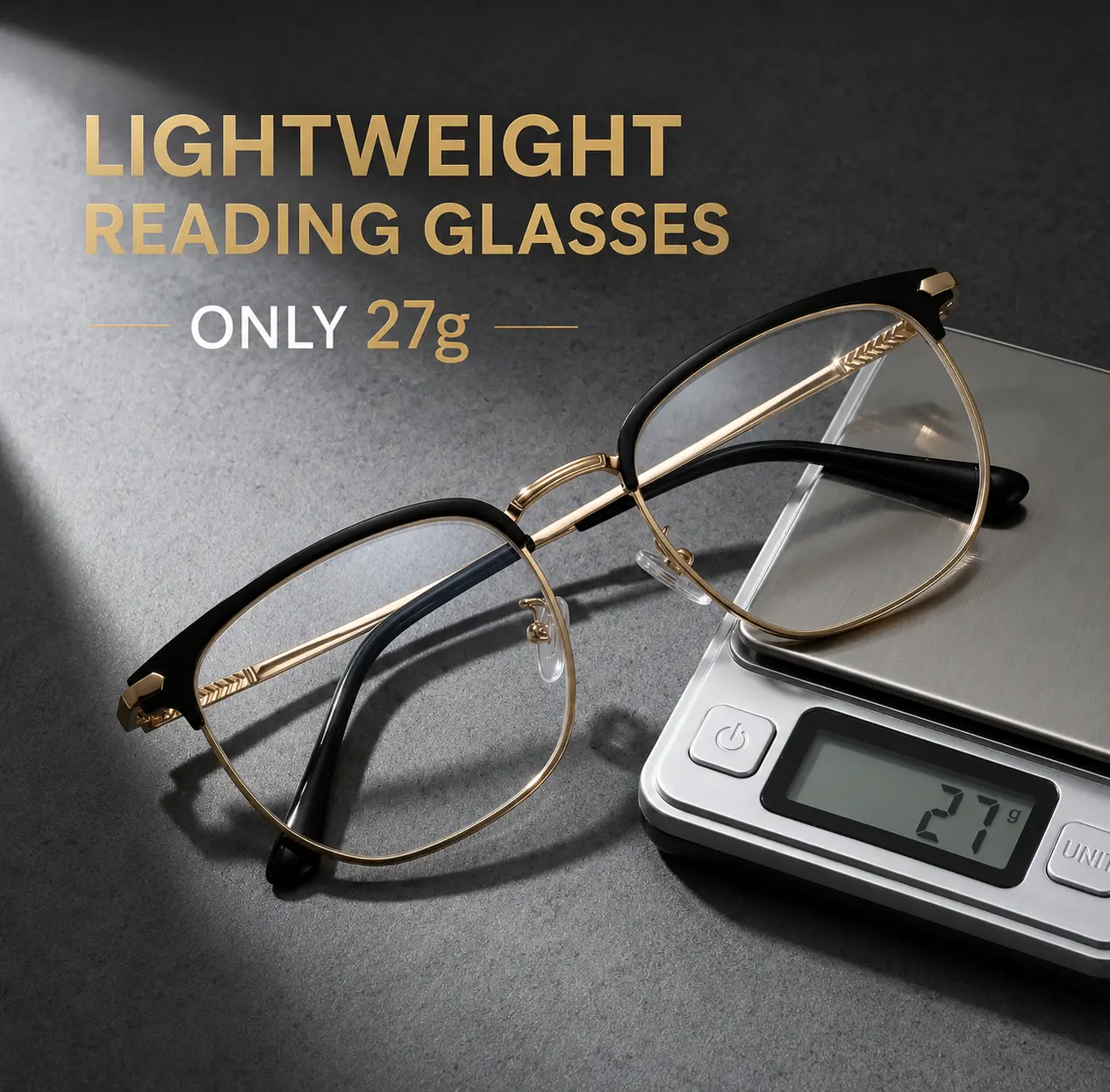Progressive Multifocal Reading Eyeglasses - High Quality Lightweight Full Rim Black Frames, Stylish Black-Rimmed with Gold Trim, Polycarbonate Fashion Eyewear Frame, High Quality Eyewear, Photochromic, Sun Protection, Statement Frame Glasses