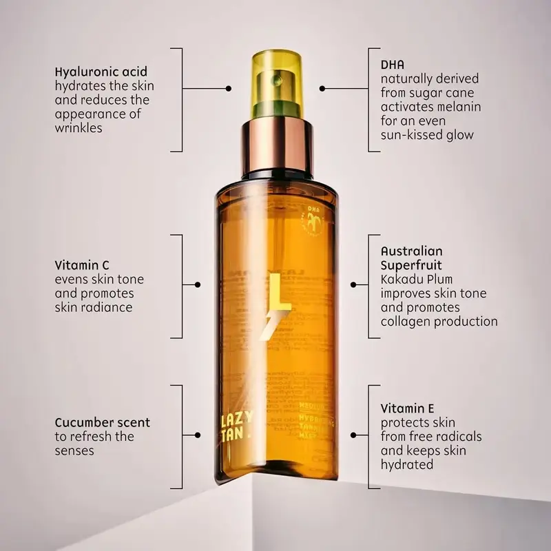 Lazy Tan - Self Tanning Mist for Body, Face and Hands - Added Skincare Benefits (Hyaluronic Acid, Vitamin C, Vitamin E, DHA And Boosts Collagen)