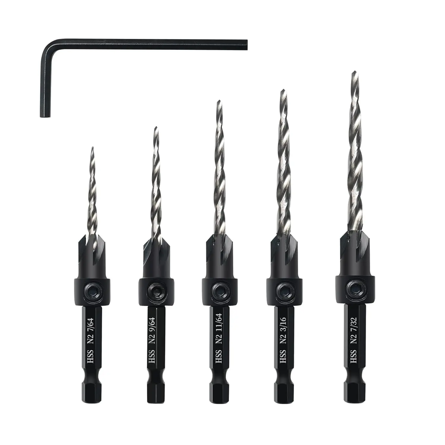 Countersink Drill Bit Set, 5 count Tapered Drill Bits, M2 Countersink Set with 1/4" Hex Shank Quick Change and 1 Allen Wrench for Woodworking, Pilot Screw Hole Set for Soft & Hard