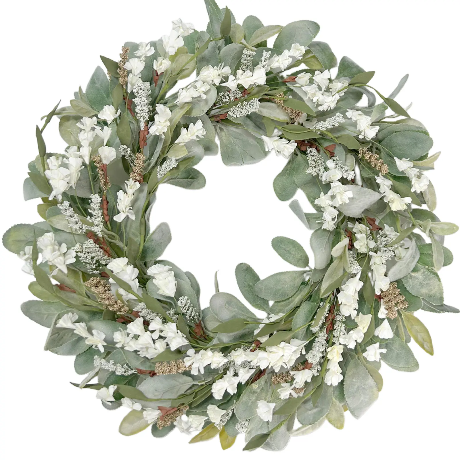 20 Inch White Floral Summer Wreath for Front Door, Handmade Lambs Ear Farmhouse Wreath, Outdoor Wall Decor All Seasons, Room Decor, Home Decor Items, Living Room Decor Ideas, Cool Room Decor, Fall Decor, Suitable for Bonbie Blue Baby Shower, summerwins