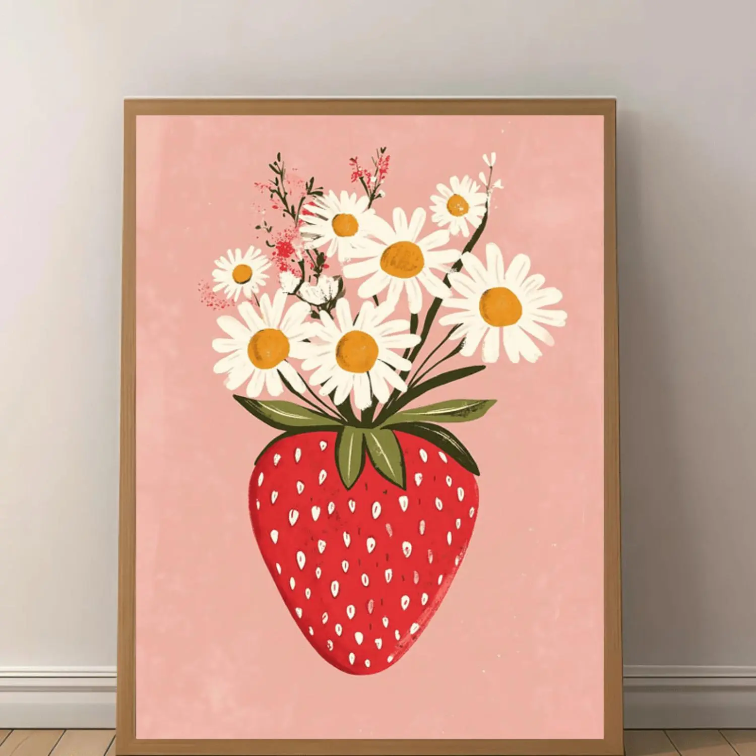 1pc Strawberry & Daisy Illustration Canvas Print - Vintage Cartoon Wall Art, Frameless, Waterproof, Modern Decor for Living Room, Bedroom, Office, or Dining Area, Perfect Gift, Strawberry Decor,Frameless