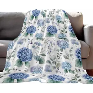Flannel Throw Blanket, Hydrangea Blue Flowers Lightweight Warm Cozy Soft Flannel Blankets for Couch Bed Sofa Camping for All Seasons, Spring Floral Blossom Eucalyptus Leaves