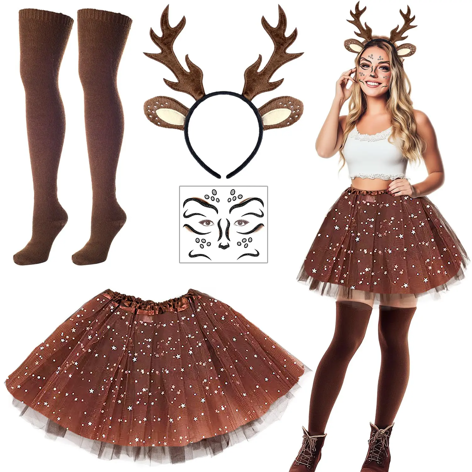 Cute Reindeer Cosplay Costume for Women, 2-Piece Knit Fabric Clothes Set with Antler Headband and Sparkling Details for Christmas, Accessories, Holiday, Knitting