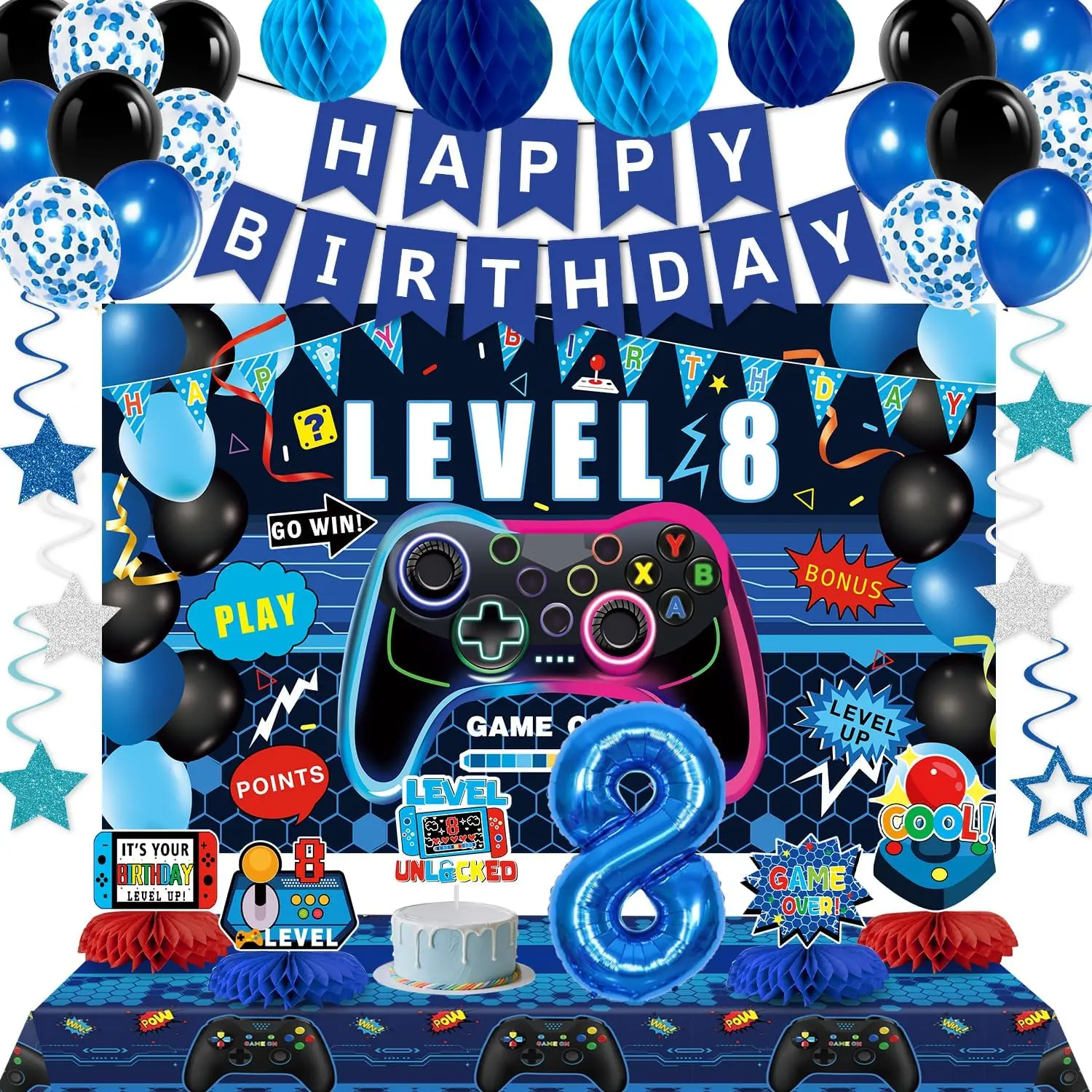 Video  8th Birthday Decorations for Boys, Blue Level 8 Party Decor Kits for Boy, 8   Supplies- Backdrop Honeycomb balls Hanging Swirls Centerpieces Balloons Tablecloth Cake topper