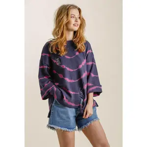Umgee Full Size Tie Dye Side Slit Round Neck Distressed Detail Sweater Plus Size