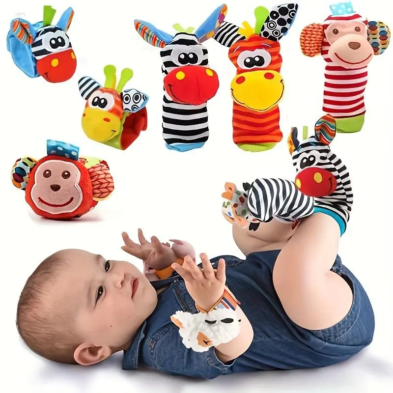 YRUIZEUP Newborn Cartoon Animal Wrist Bell Rattle Socks Set - Plush Stuffed Toy, Baby Sensory Training & Color Recognition Tool, Cute Indoor Wear, Colorful Styles, Kids Gift, Newborn Baby, Polyester, Bright, Halloween, Christmas, Friends, Baby Items