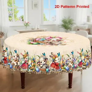 1pc, Easter Themed Party Tablecloth, Spring Summer Buffalo Check Rabbit Colored Eggs Lamb Cross Daisy Floral Printed Design, Rectangular/Round/Oval Table Cloth, Embossed Edges, Suitable For Picnic Dinner Kitchen Dining Room Decoration