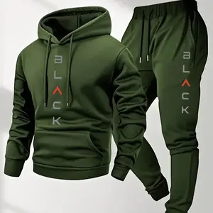 Men's Complete Outfit - Stylish Hooded Sweatshirt & Joggers Set with BLACK Print Gray Casual Streetwear Long Pants Matching Hoodie Perfect for Fall Winter Cozy Clothing Sporty Look Non Stretch Fabric
