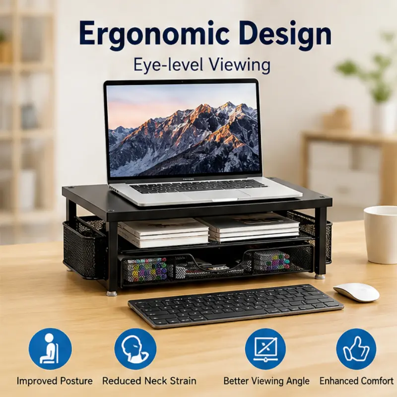 1 set, monitor riser with storage drawer, sturdy metal desktop organizer, ergonomic computer stand with side storage basket, multifunctional stationery storage box, office supplies storage rack, suitable for home office, desktop organization