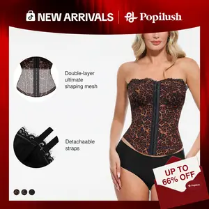 【Runs Small】Popilush Leopard Print Corset Top Women Detachable Strap Lace Up Bustier Sculpting Shapewear Tank Top Party Club Streetwear #Summervibe
