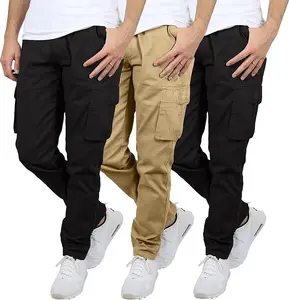 3-Pack Men's Flex-Stretch  one size down for a perfect fit.   Cotton Cargo Pants 31-Inch Inseam  FSH- Comfortable Durable Plain Design in Black Khaki & Navy Blue
