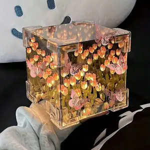 DIY Tulip Cube Mirror Lamp Kit, Handmade Butterfly Decoration, Bedroom Living Room Table Decor, Perfect Gift for Mom Girls Couples Friends, Decorative Night Light, Ambient Decoration Lamp