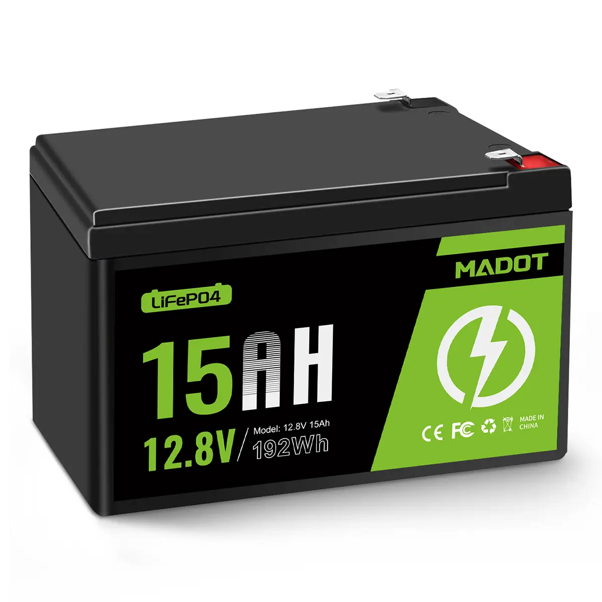 MADOT 12V 15Ah Lithium LiFePO4 Battery, 192Wh, BMS, 12V Deep Cycle Lithium Battery, Up to 4P4S Flexibility, Ideal for Camping, Electric Gate, Security, Fish Finders, Solar Systems.