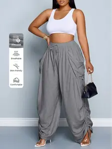 Women's High Waisted Wide Leg Pants with Adjustable Side Drawstring Detail, Loose Fitting Long Trousers in Seasonless Woven Fabric, Casual Basic Style for Daily Commute & Vacation