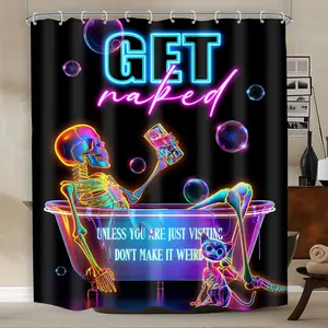 Neon Funny Skull Shower Curtain Skeleton Gothic Spooky Unique Cool Bone in Bathtub Bubbles Black Halloween Cat Modern Bathroom Decor Colorful Bath Curtain Fabric Polyester with Hooks