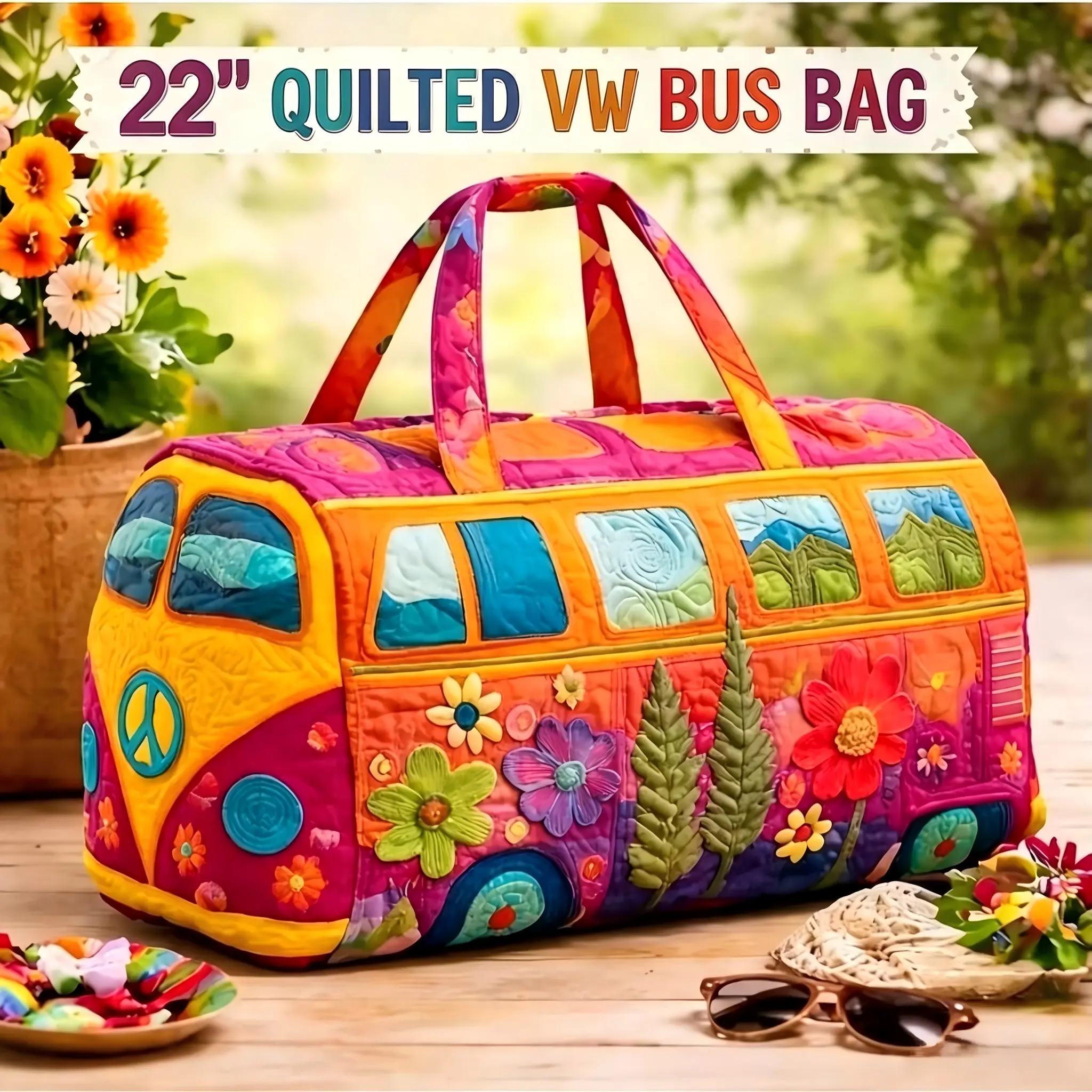 22" Quilted VW Bus Travel Bag - Vibrant Floral Design, Peace Symbol Accent, Luggage Organization Accessory, Travel & Storage Solution, Travel Bags