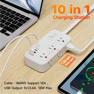 10-in-1 Power Adapter With 2 USB Outlets, 2 Type-C Outlet And 6 AC Socket Outlets, 5 /10Ft Flat Extension Cord, A Wall Socket, with Surge Protector, Easy To Carry, Suitable For Home, Office And Travel