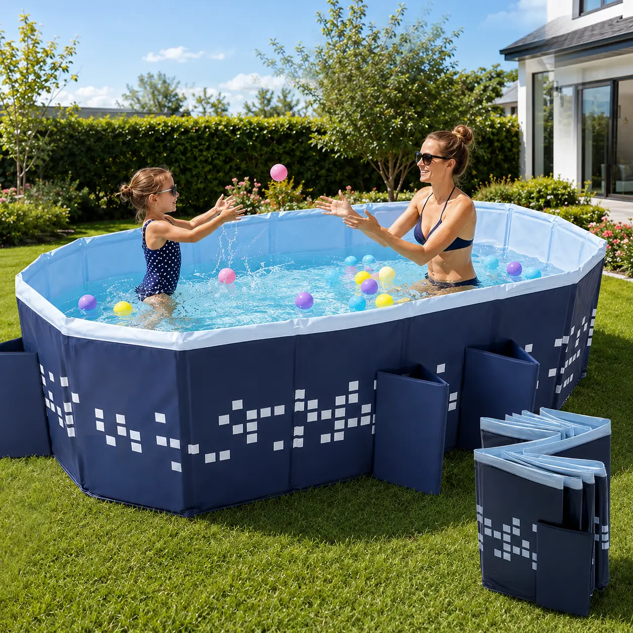 Mandla 87.4” x 53.2” x 19.7” Foldable Swimming Pool, Non-Inflatable Large Family Pool for Kids & Adults, Portable Hard Side Above Ground Pool with Drain Valve for Backyard Summer Fun