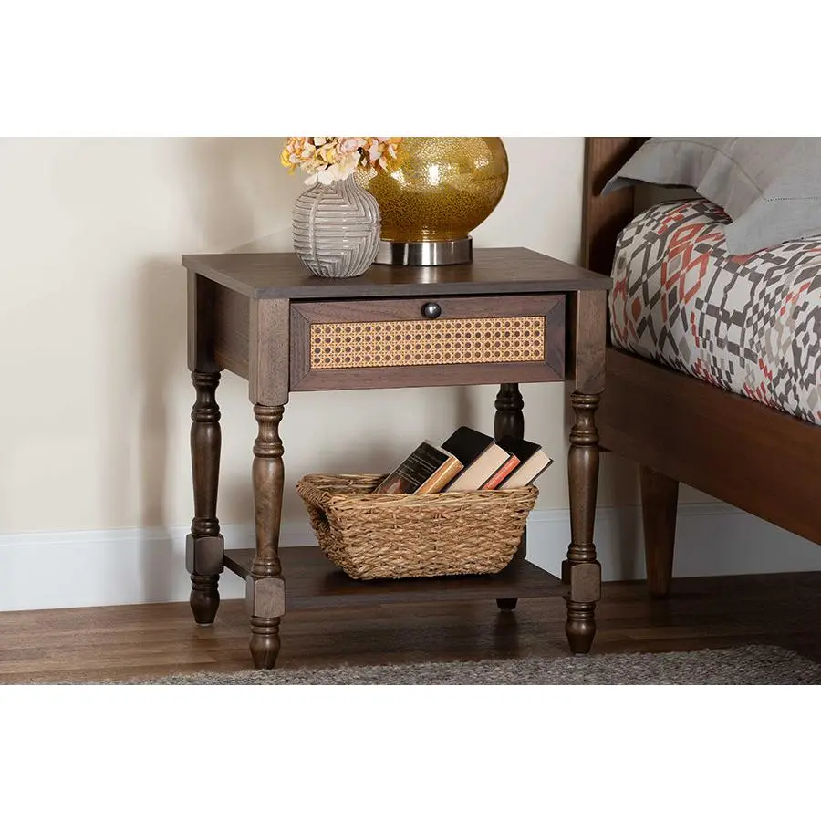 Baxton Studio Roden Transitional Dark Brown Nightstand with Rattan
