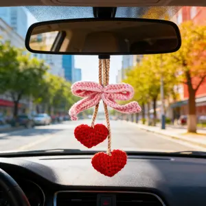 Handmade Crochet Red Heart Car Charm | Pink Bow Rear View Mirror Hanging Pendant | Romantic Car Accessory Gift for Her
