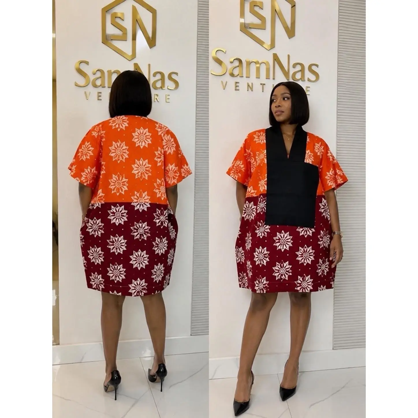 SamNas Venture Women's African Print Color-Block Dress - Knee Length, V-Neck, Short Sleeve, Relaxed Fit, Side Pockets, Breathable Fabric, Casual & Elegant, Orange, Burgundy, Black, White