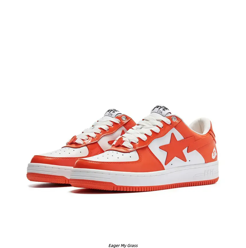 Orange White Gloss PU Color Block Casual Skate Sneakers for Men Women, White Layer Flat Cushion Sole Shock Absorb Orange Anti-Slip Rubber Daily Walking Board Shoes