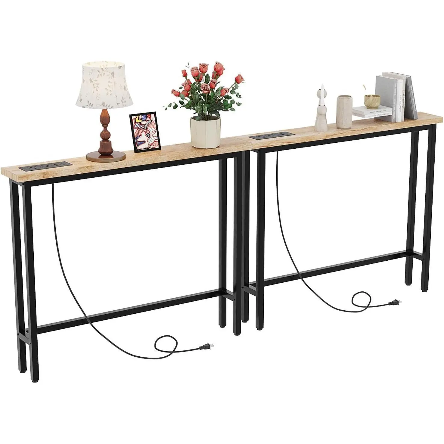 Karl Home 1/2 Pack 39.4" Narrow Console Sofa Table with Power Outlets and USB Ports, Long Couch Table with Metal Frame and Charge Station with 4.9ft Extension Cord
