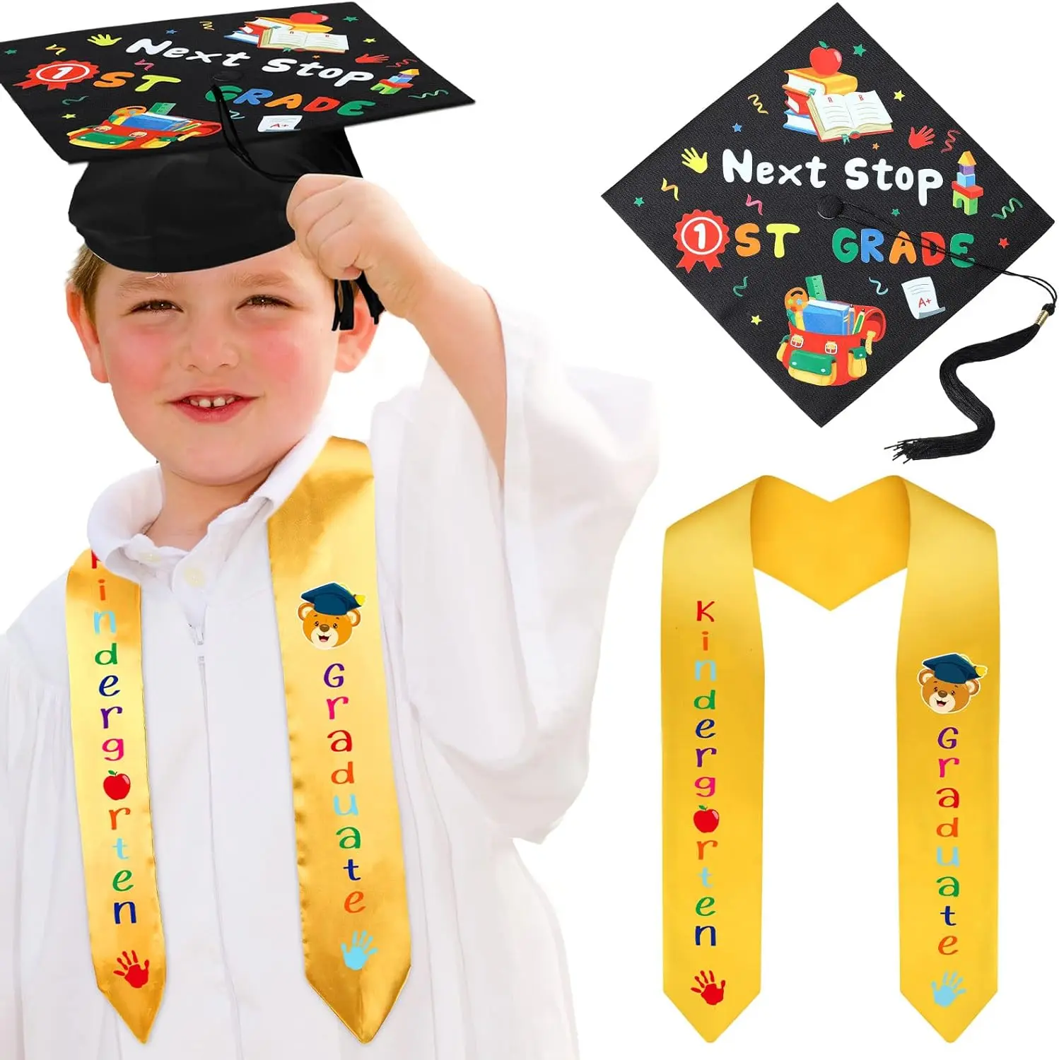2026 Kindergarten Preschool Graduation Stole and Cap Printed Graduation Sash for Class of 2026 Kids(Golden Sash).