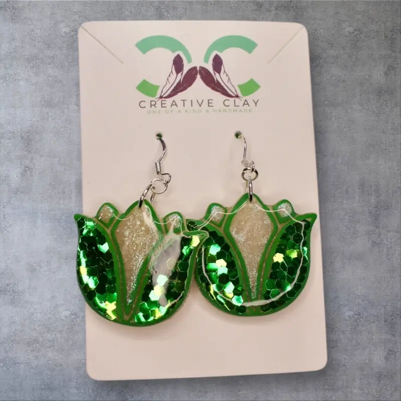 Green Glitter Tulip Earrings | Handmade Polymer Clay | Sterling Silver .925 Hooks | Lightweight & Hypoallergenic | Southwest-Inspired Dangle Earrings