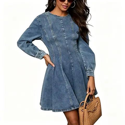 utcoco Women's 2026 Fall Fashion Cotton Fabric Denim Dress - Longsleeve, High Waist, Slimming Vintage Elastic Breathable, Stretchy Bodycon A-Line Ruffle Swing, Machine Washable for Casual Party, Clothes for Women