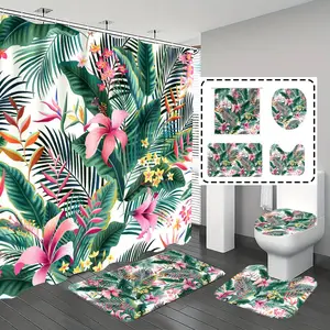 [Popular Choice]1pc/4pcs, bathroom curtains shower, bathroom set, shower curtains, bathroom rug, home decoration, bathroom mat, flamingos and palm leaf patterns, simple and luxurious theme decoration, bathroom set, with 12 hooks.