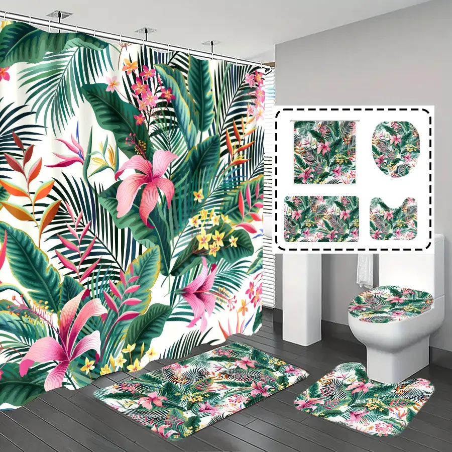 [Popular Choice]1pc/4pcs, bathroom curtains shower, bathroom set, shower curtains, Shower Curtain Sets, bathroom rug, home decoration, bathroom mat, flamingos and palm leaf patterns, simple and luxurious theme decoration, bathroom set, with 12 hooks.