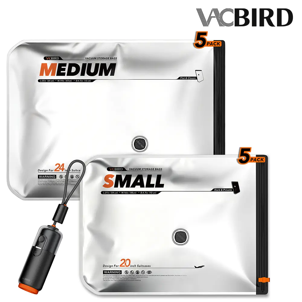 Vacbird Ultra 15-Pack Vacuum Compression Storage Bags Organiser Set with 2-in-1 Rechargeable USB & Battery Air Pump, Space Saver for Travel Luggage, Home Clothes & Bedding, Vacuum Bags For Travel