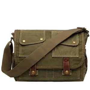 Ampere Creation Vintage "The Jamie" Leather Trim and Cotton Canvas Crossbody Messenger Bag in Olive Green with Multiple Pockets and Adjustable Strap for Everyday Use