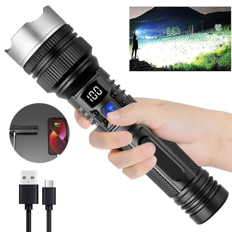 Digital Display LED Flashlight, Zoomable High Bright Torch, Rechargeable with Magnetic Charging & Device Output Port, Ideal Gear for Camping, Hiking & Emergency Situations ﻿