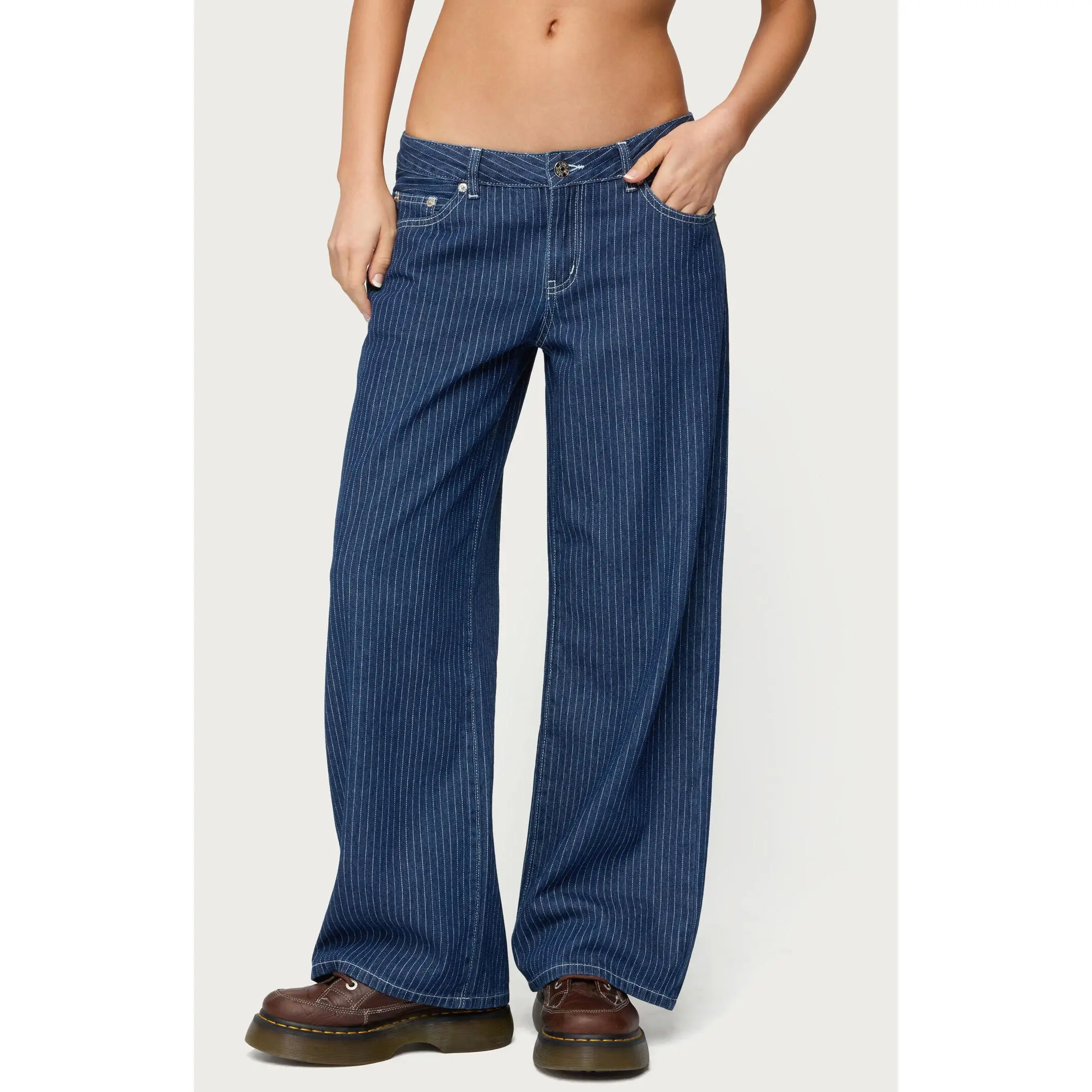 Edikted Women's Petite Pinstripe Low Rise Baggy Jeans