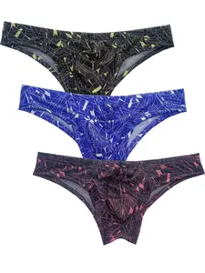 Men's Breathable Mesh Print Briefs Set, Slim-Fitting Low Waist Comfortable Elastic Fashion Bikini Shorts, Sexy All Seasons Underwear