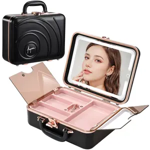 Travel Makeup Train Cases with LED Lighted Mirror Portable Makeup Box with Adjustable Brightness Large Cosmetic Case Organizer