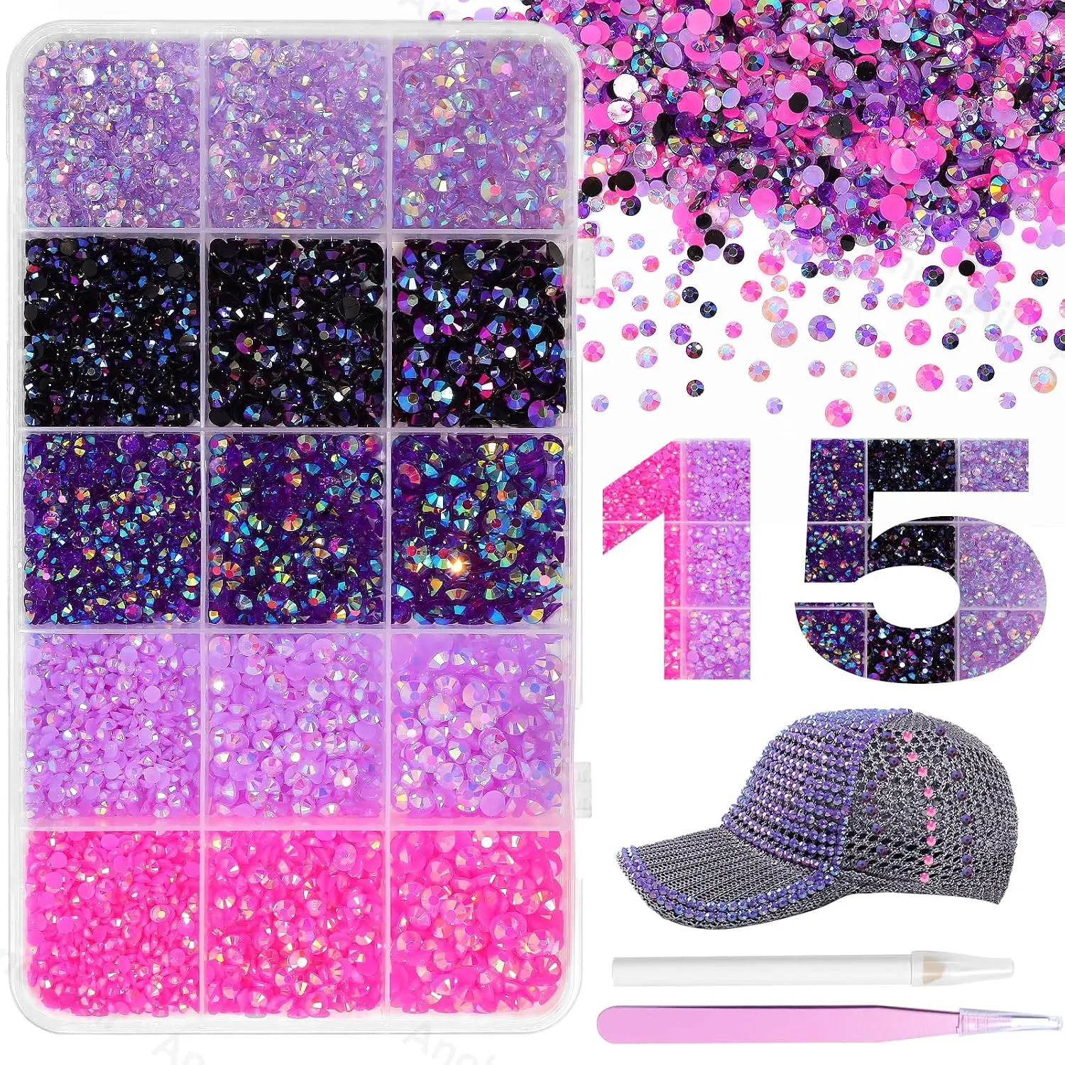 15000Pcs Purple Flat Back Resin Rhinestone Craft Kit - Flat Backs, Glamorous Jelly Finish Mix Colors Gems for DIY Nail Art, Clothing, Tumblers & Phone Cases