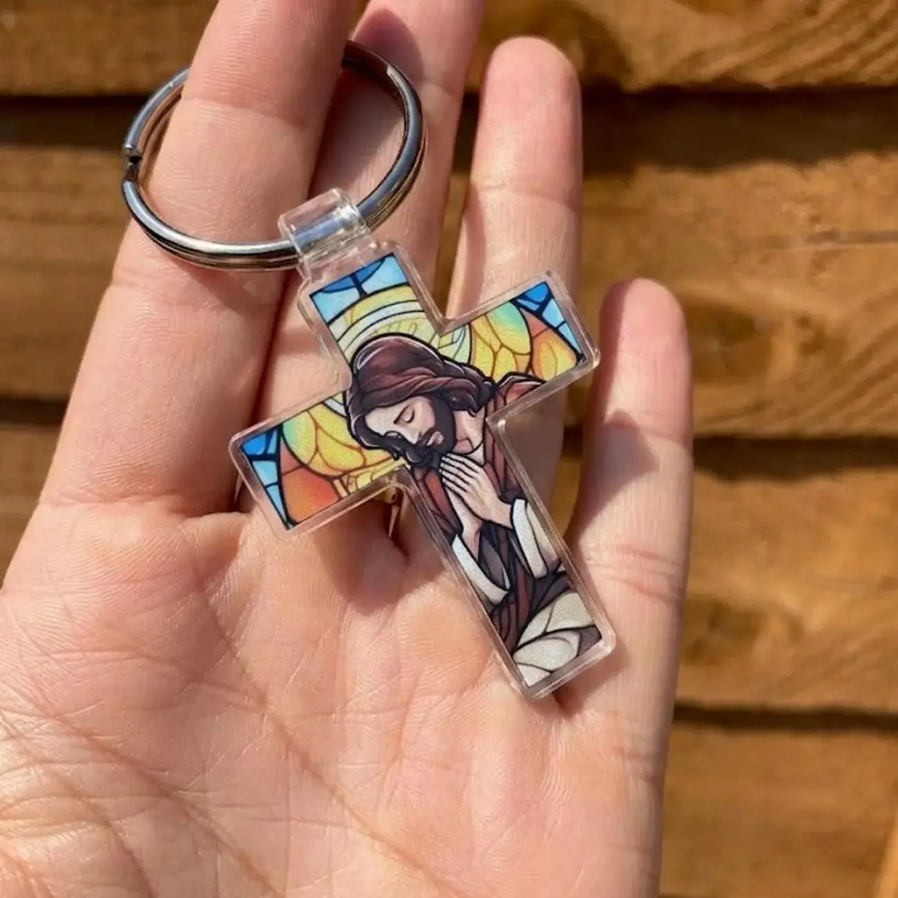 Stained Glass Jesus Cross Keychain, Praying Christ Acrylic Charm, Religious Bag Accessory