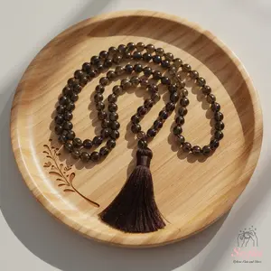 Smoky Quartz Crystal Mala Bead Necklace - Smoky Quartz Knotted Tassel Necklace - 108 Mala Beads Tassel Rosary - Prayer Necklace