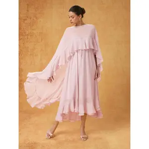 Cider Chiffon Knotted Ruffled Flared Maxi Cami Dress & Overlay Set