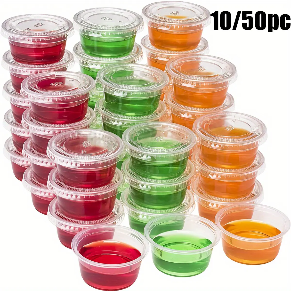 10/50pc Lidded Measuring Cups, Disposable Plastic Clear Cups, Disposable Sauce Cups with Lids, for Meal Prep, Salad Dressing, Jelly, Soufflé, Seasonings, Dip Sauce