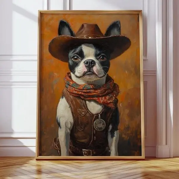 Sheriff Boston Terrier Dog in Western Hat & Vest Wall Art, Cowboy Dog Poster, Trendy Animal Rustic Print, Gift for Pet Lovers, Farmhouse Homes, Unframed