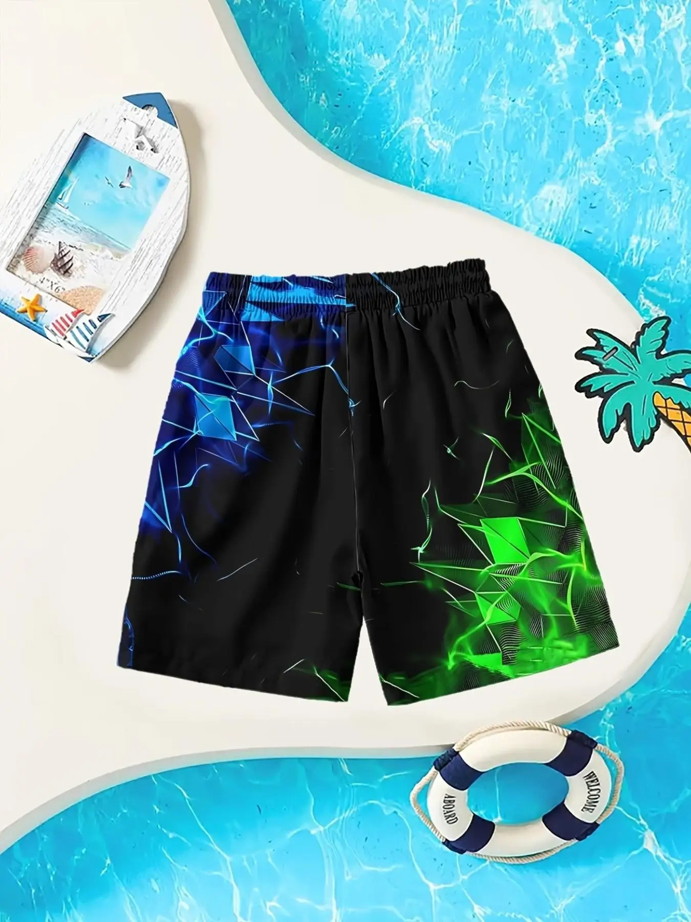 Fashion Geometric Print Boys' Swim Trunks, Quick-Dry Breathable Swimming Shorts, Essential Beach Vacation Wear, Swimwear