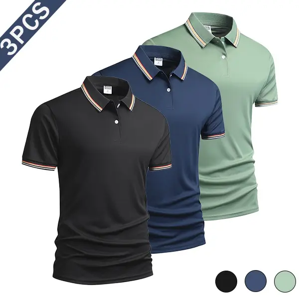 Men’s summer polo shirt three-piece set with striped sleeve cuffs, made from polyester fiber—a stylish top suitable for casual wear, business settings, and active outings.