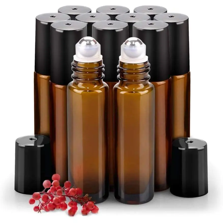 12 Pack Essential Oil Roller Bottles Stainless Steel, 10ml  Glass Roller Bottles with Caps for Travel, Perfume and Lip Gloss